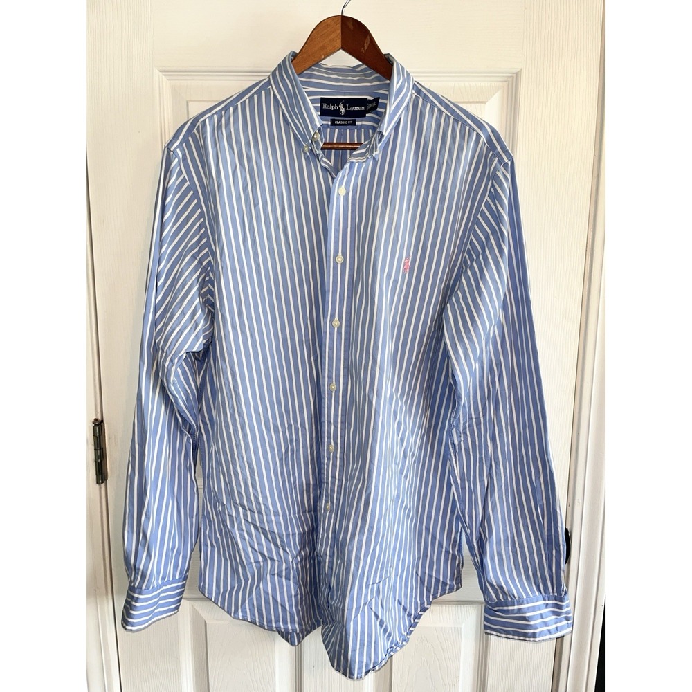 Ralph Lauren Shirt Men's L 16.6 Blue Striped Long Sleeve Button Pink Pony - Picture 2 of 12